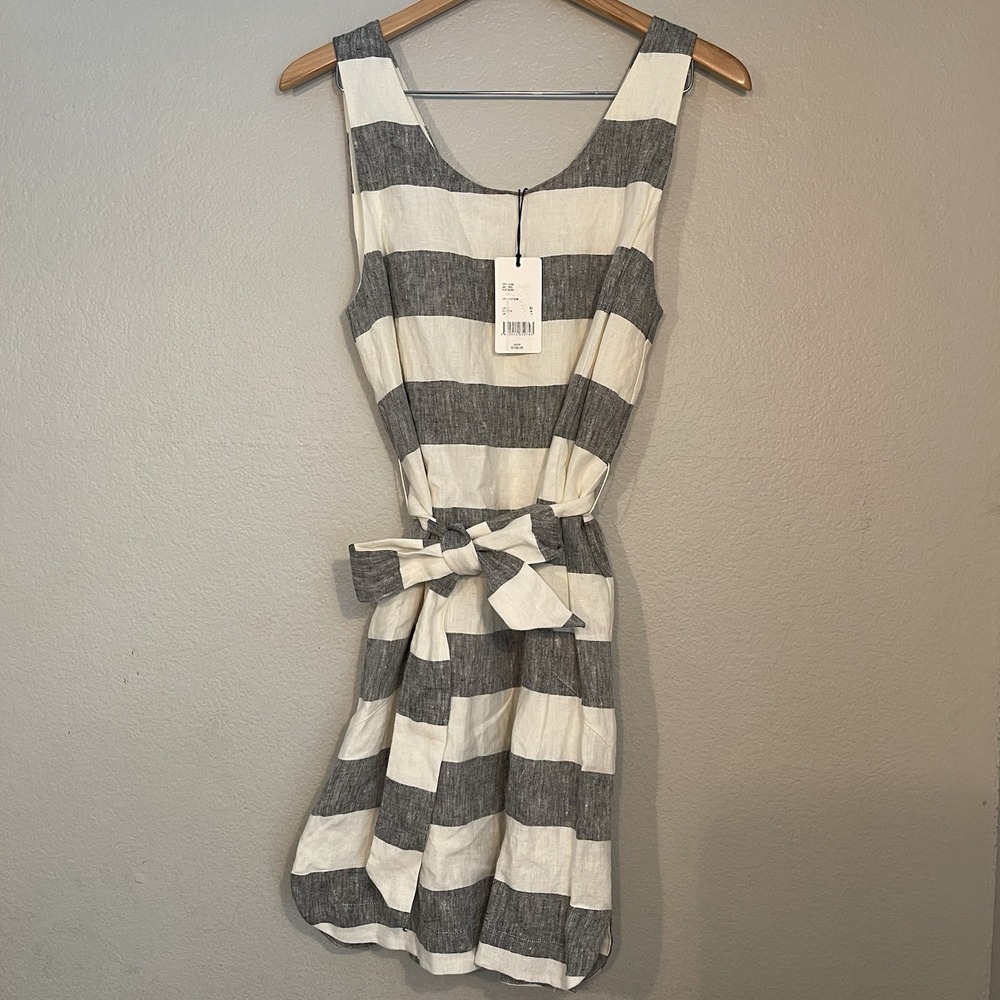 A Loves A Womens Medium 100% Linen Gray & Cream Striped Belted Sleeveless Dress